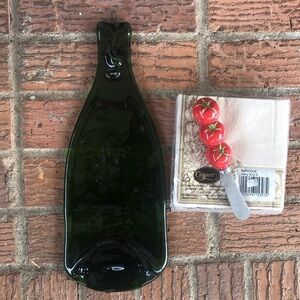 Melted Recycled Green Glass Wine Bottle Cheese Tray, Tomato Spreader & Napkins